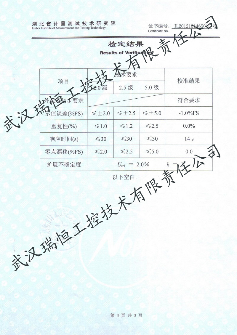 二氧化碳分析仪检定证书-武汉瑞恒工控 二氧化碳分析仪检定证书-武汉瑞恒工控